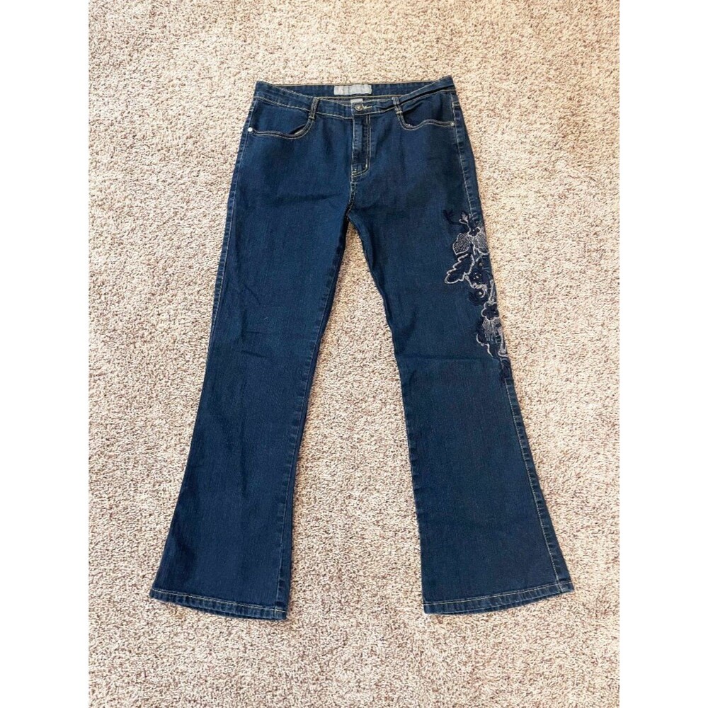 COS Jeans Dark Wash Bootcut Embroidered Jeans Size 12 Stretch Denim Floral Boho